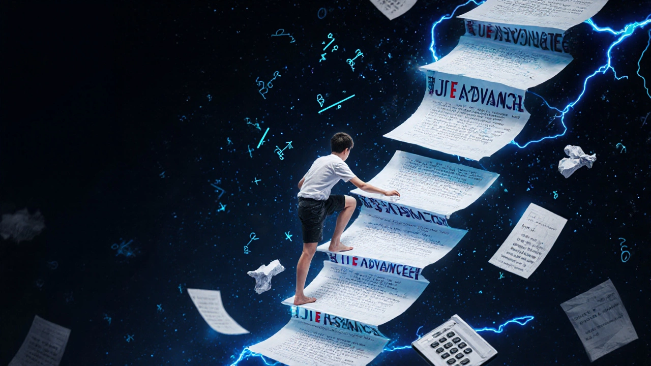 A climber ascending a staircase made of complex math and physics problems.