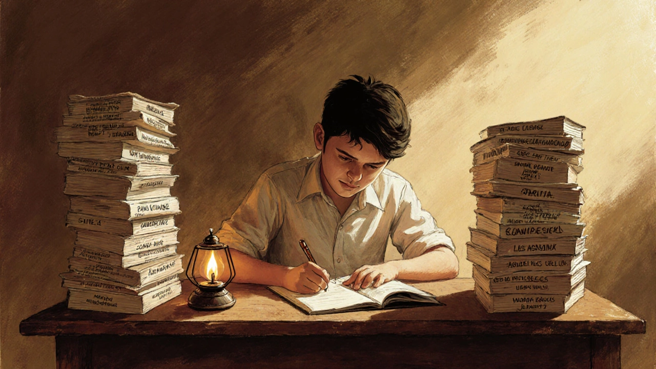 A young aspirant writing handwritten notes by lamplight for India&#039;s UPSC exam.