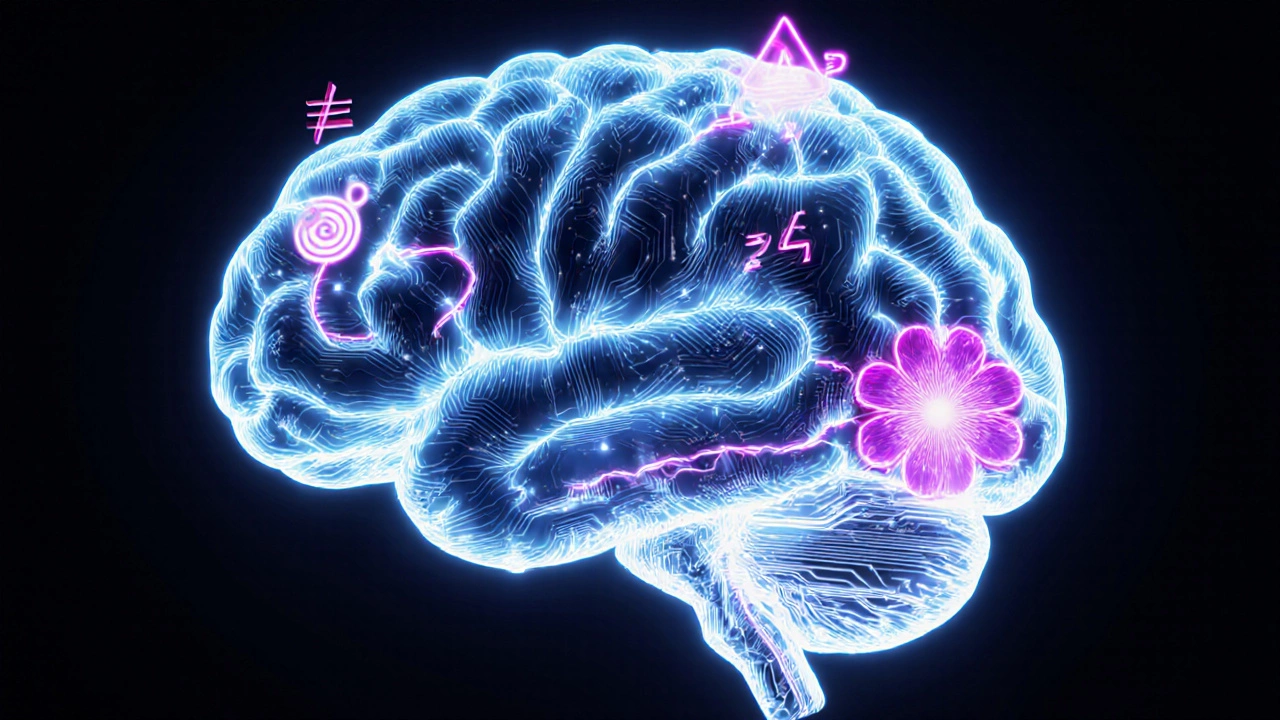 Abstract brain circuit connecting physics, math, and chemistry concepts with light.