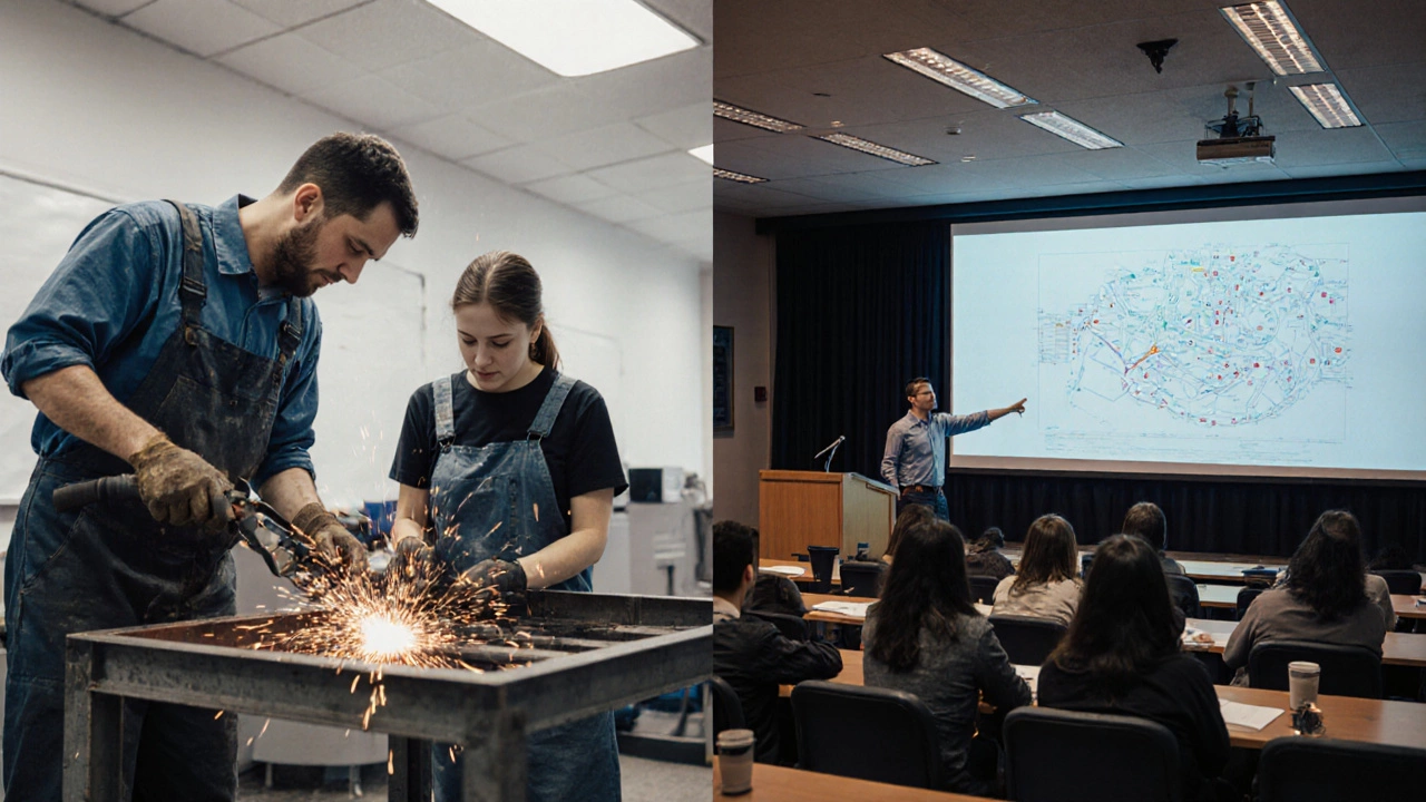 Apprentice welding next to a professor lecturing, contrasting vocational and academic settings.