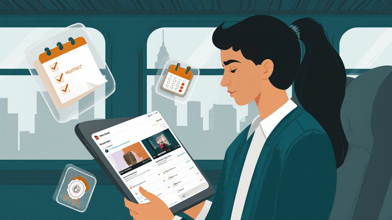 Commuter using tablet offline with video thumbnails and progress icons floating nearby.