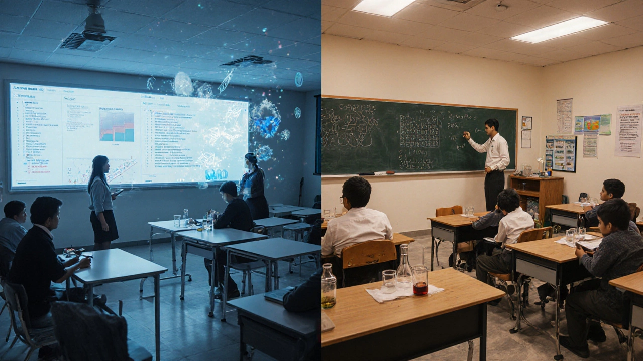 Dubai high-tech classroom next to a traditional Indian classroom with a blackboard.