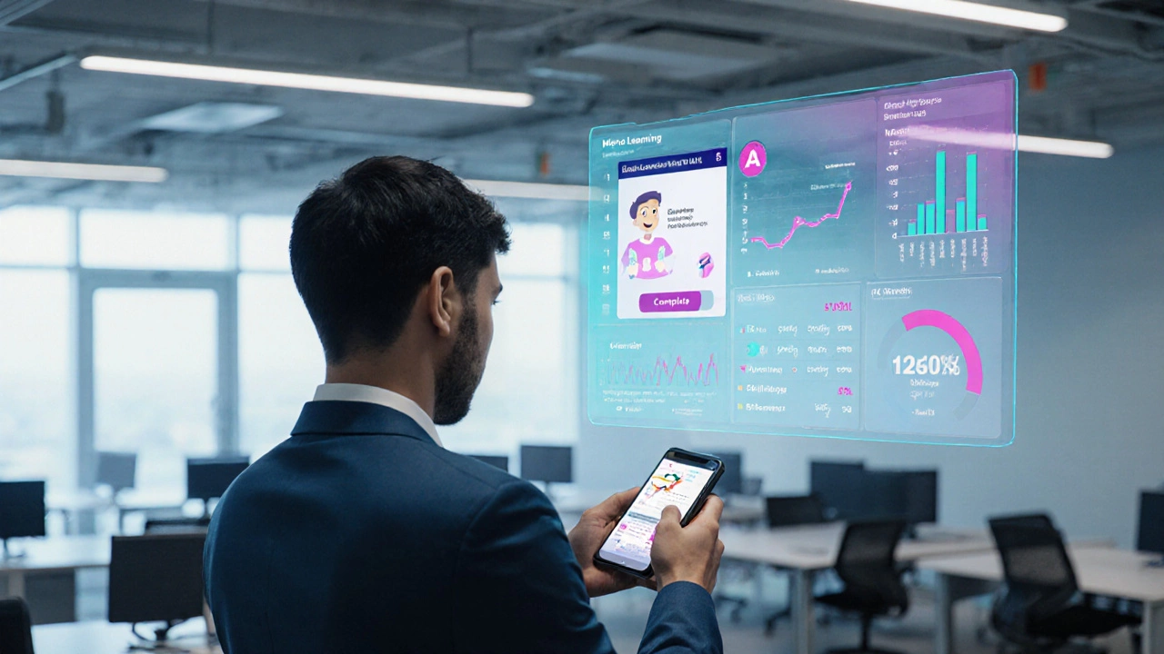 Employee viewing a mobile micro‑learning app with floating AI analytics overlay.