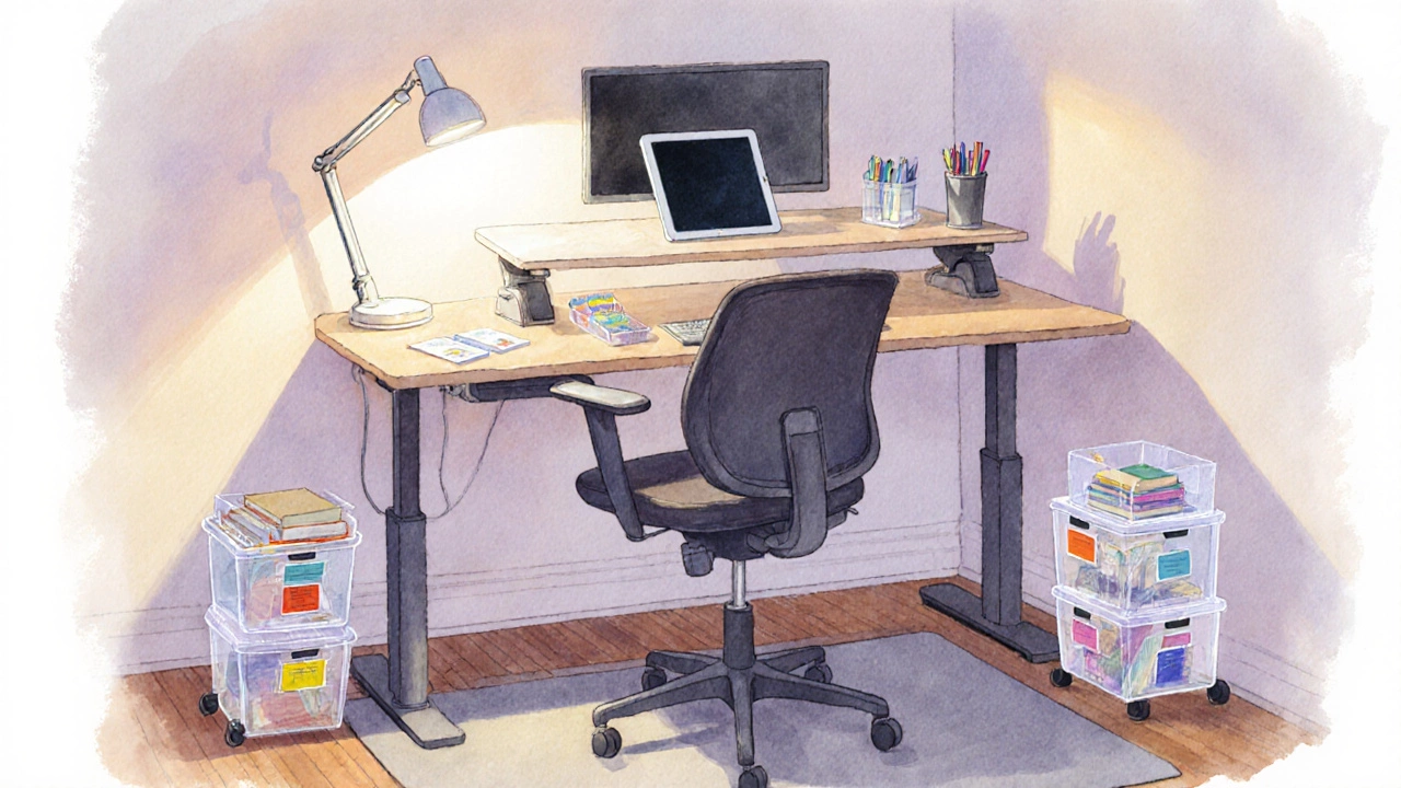 Ergonomic desk setup with adjustable lamp, monitor riser, labeled bins.