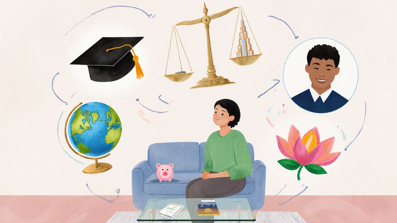 Family weighing education choices with icons of graduation cap, globe, money, and cultural symbols.