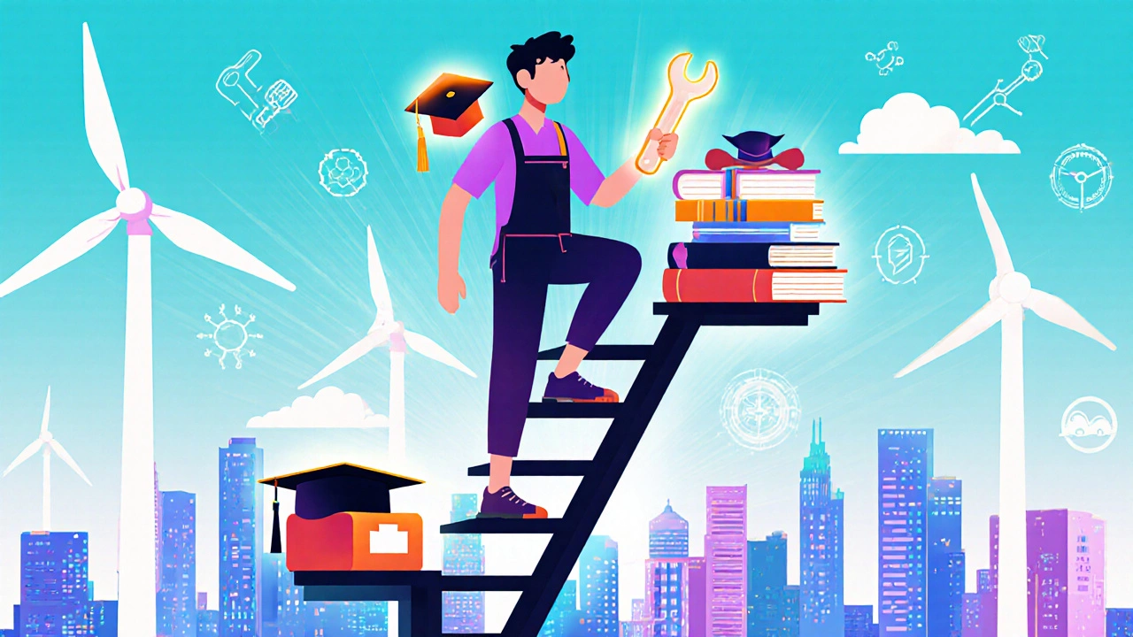 Figure balances a wrench and a graduation cap on a ladder of books and tools, symbolizing hybrid learning.