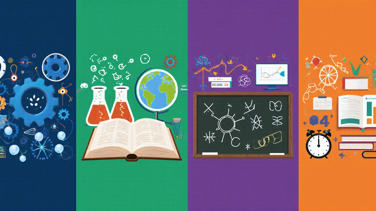 Five split scenes depicting physics, chemistry, UPSC, math, and data interpretation symbols.
