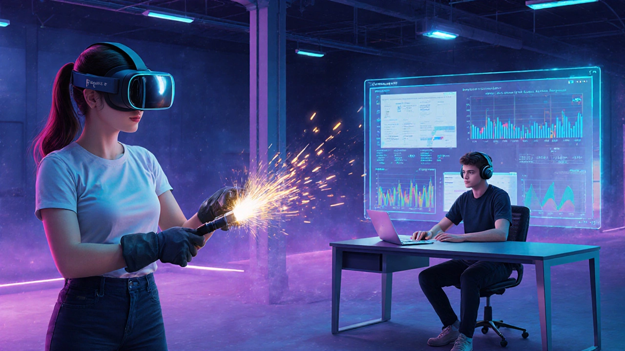 Futuristic space where a woman uses AR to practice welding while another studies data analytics on a holographic screen.