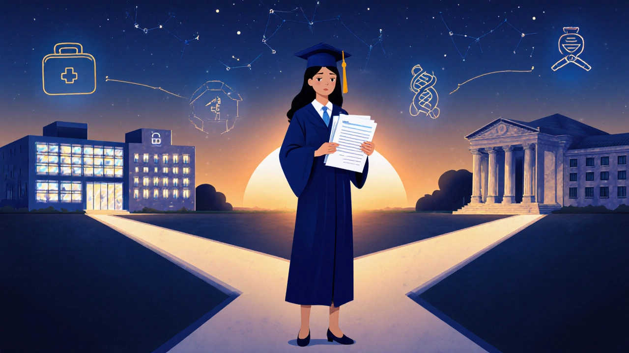 Graduate at a dusk crossroads holding a diploma and exam papers, with paths leading to engineering, medicine, and civil services.