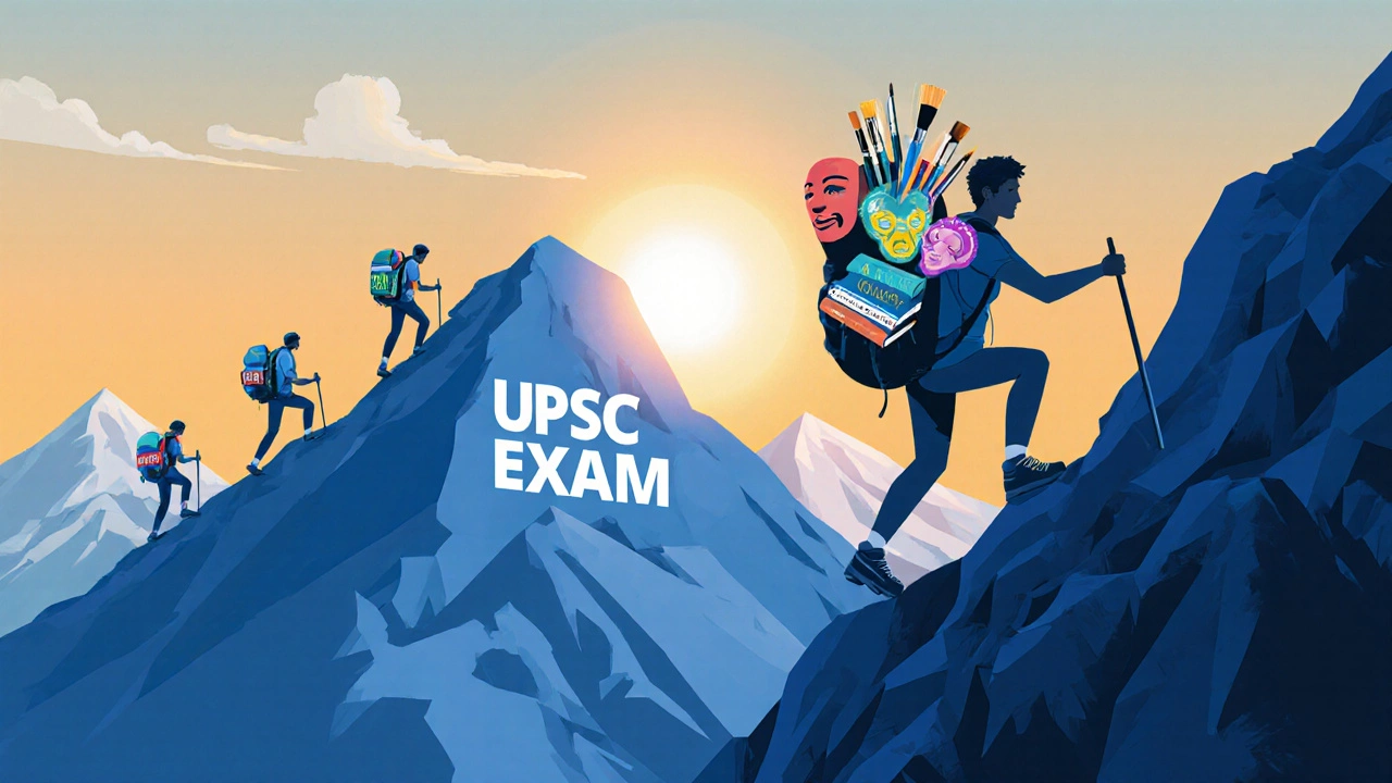 Hiker climbing UPSC mountain burdened by art supplies, while others carry streamlined exam prep books.