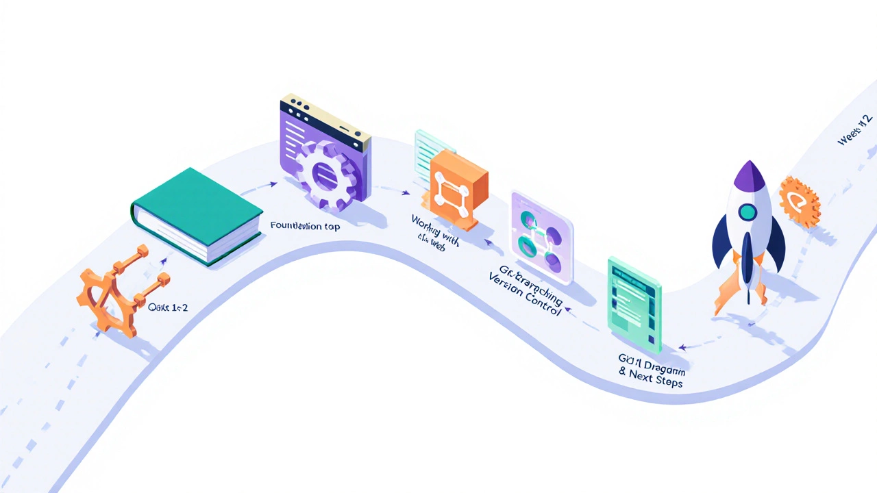 Illustrated 12‑week coding roadmap with colorful icons for each learning stage.