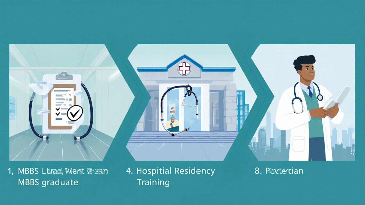 Illustrated progression from USMLE exam to residency training to licensed doctor.