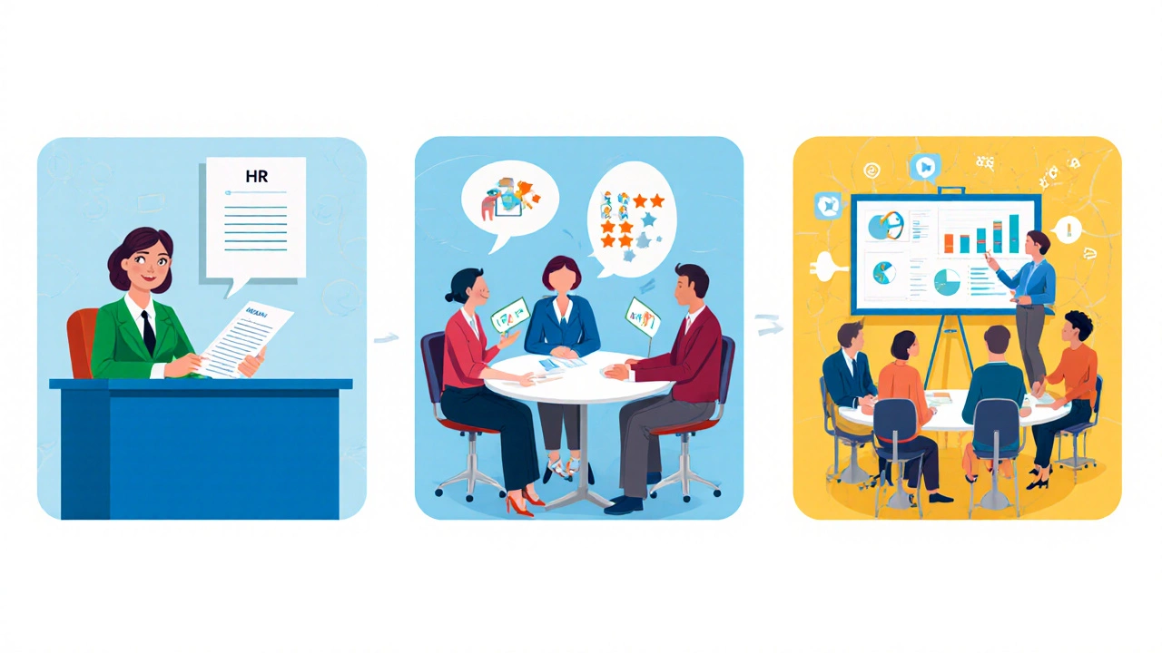 Illustrated sequence of government interview rounds: HR screen, panel, technical, assessment centre.