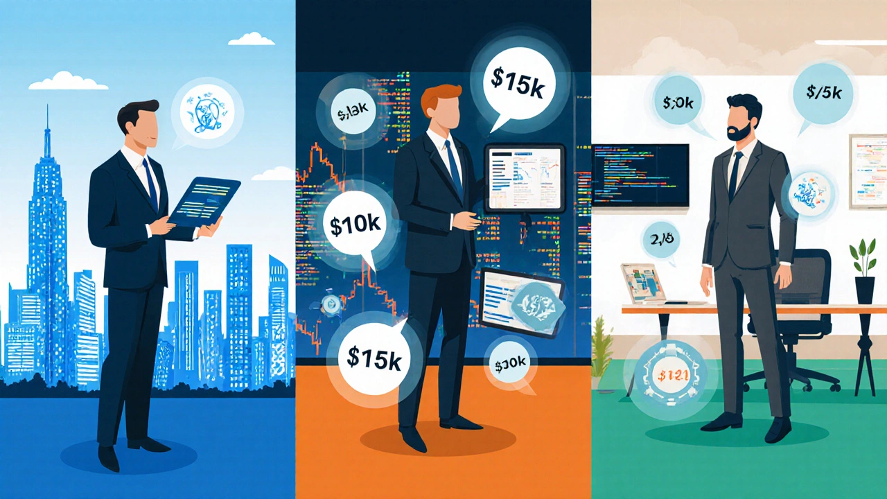 Illustration of consultant, banker, and tech manager with floating salary figures for each industry.