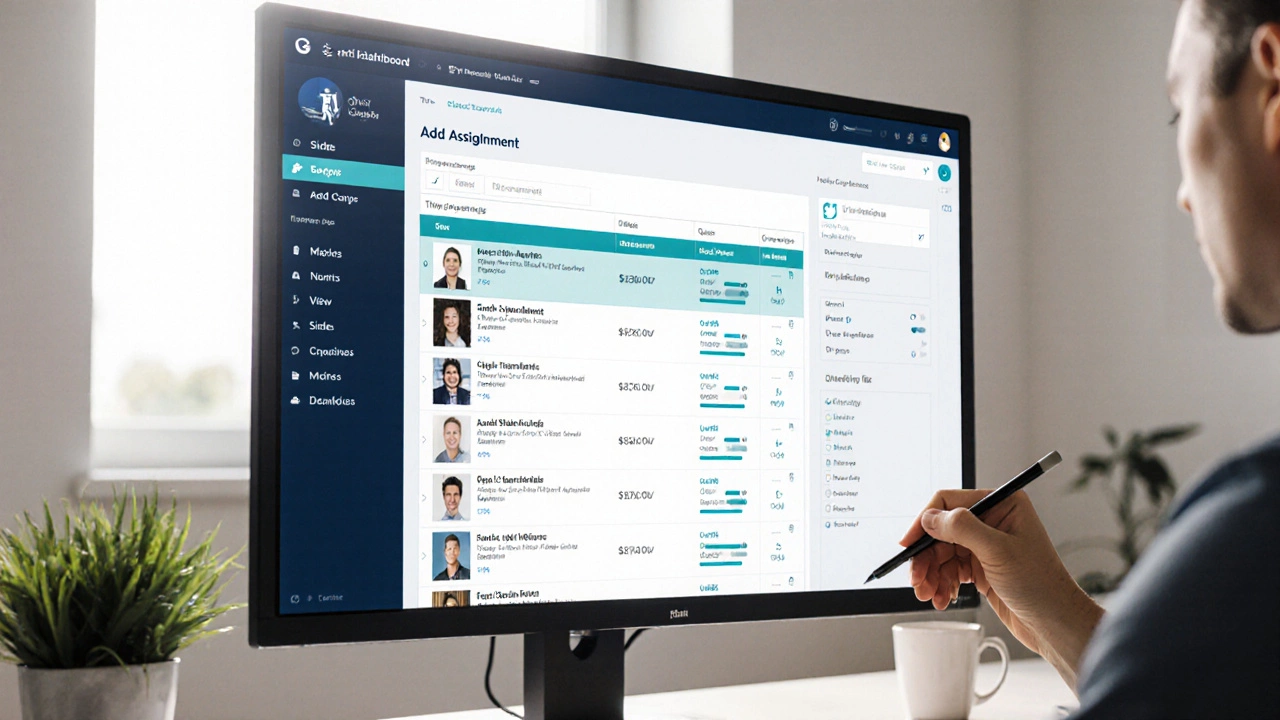 Instructor’s LMS dashboard on a monitor with course list, student progress, and quiz tools.