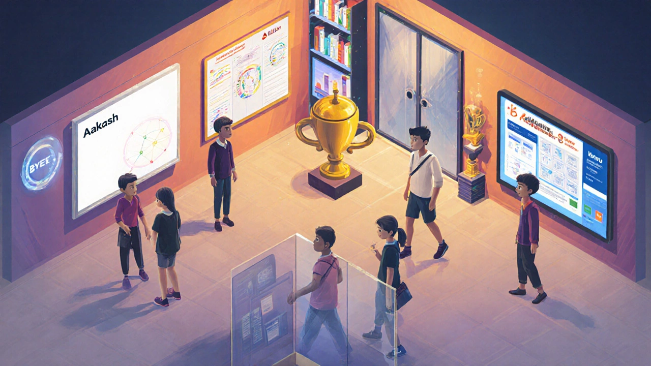 Isometric view of a hallway with five sections representing top NEET institutes and their key features.