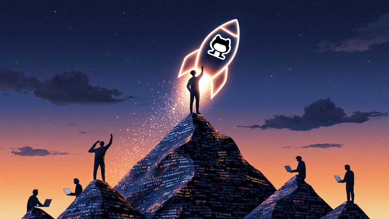 Learner on a code‑shaped mountain launching a rocket toward a sunrise sky, with community silhouettes.