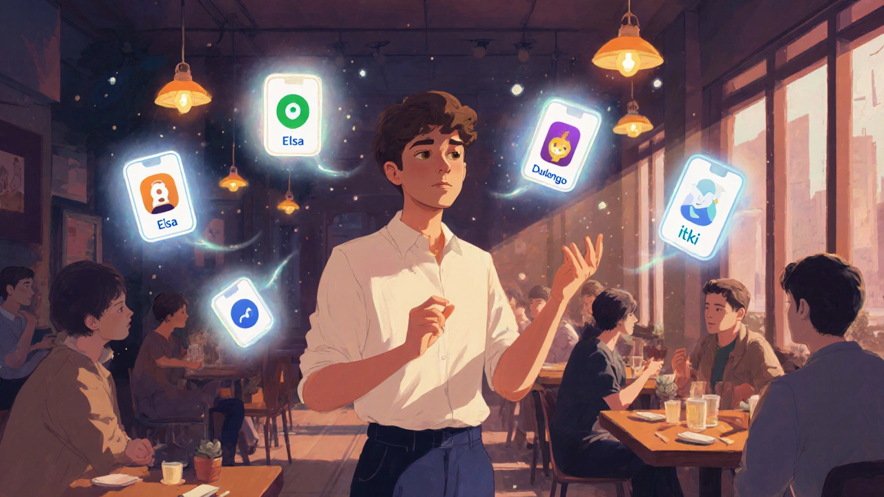 Learner speaking confidently in a café with faint app icons surrounding them.