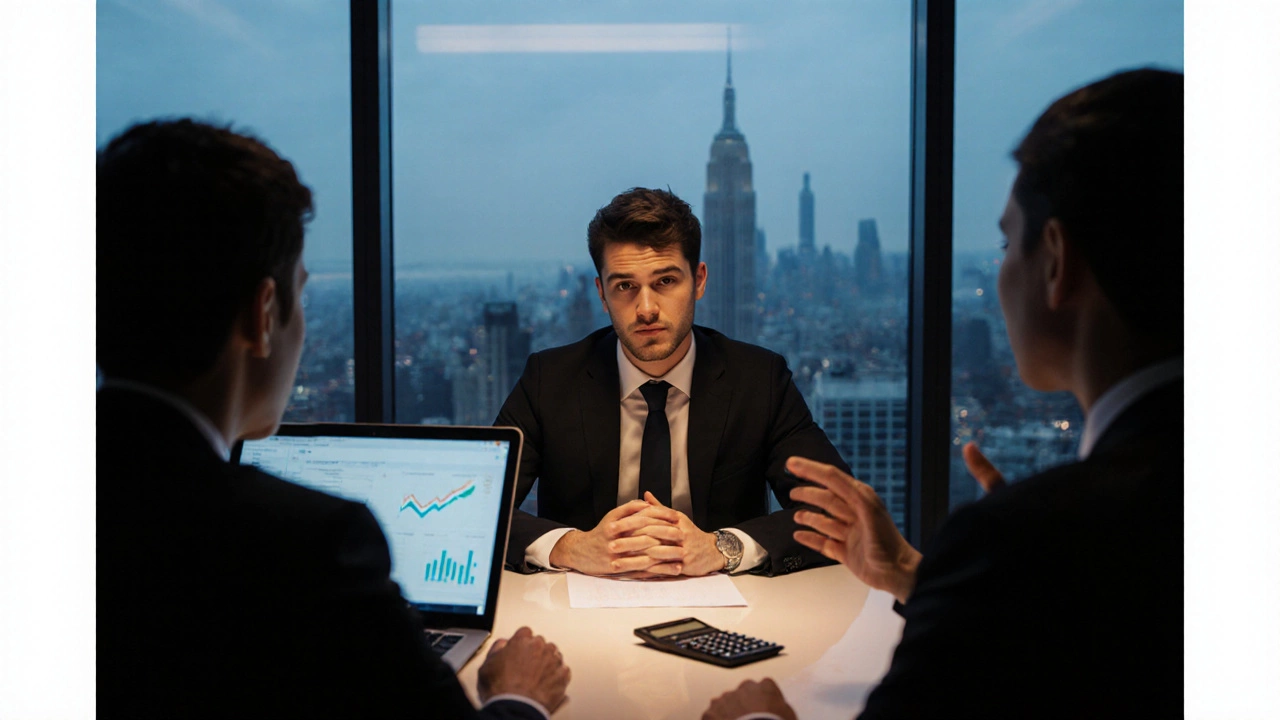 MBA graduate negotiating salary at a table with recruiters, city skyline visible through windows.