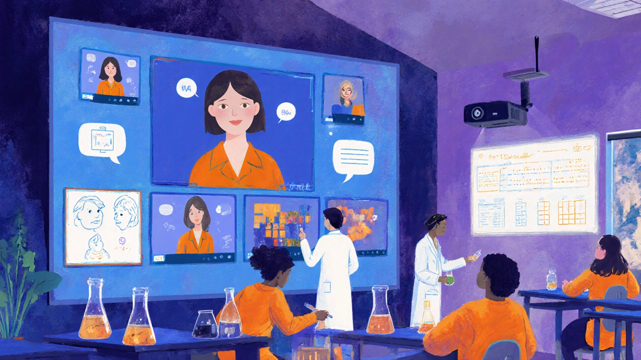 Online video class with chat and virtual whiteboard beside a physical science lab experiment.