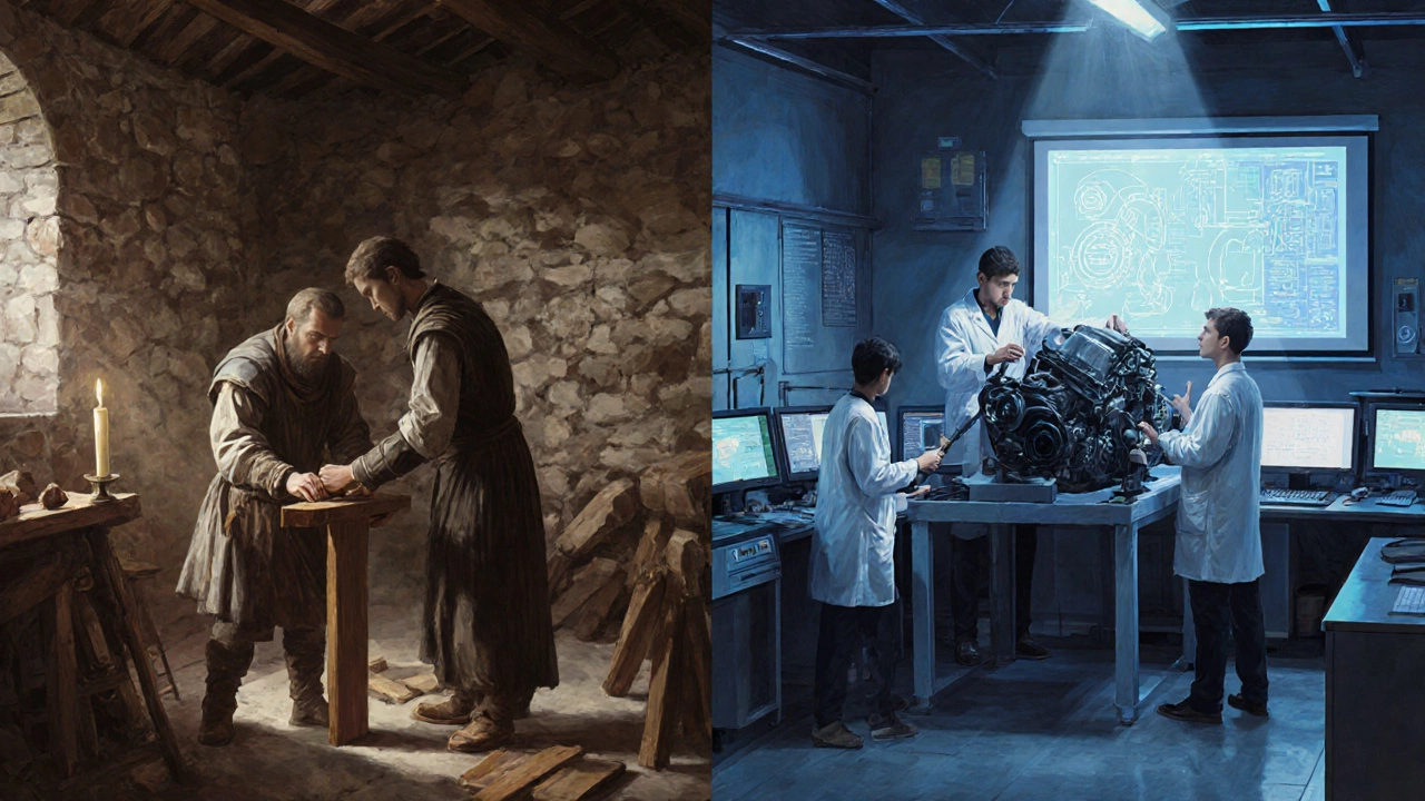Painting of a medieval guild apprentice working with a master, fading into a modern technical college lab with students examining an engine.
