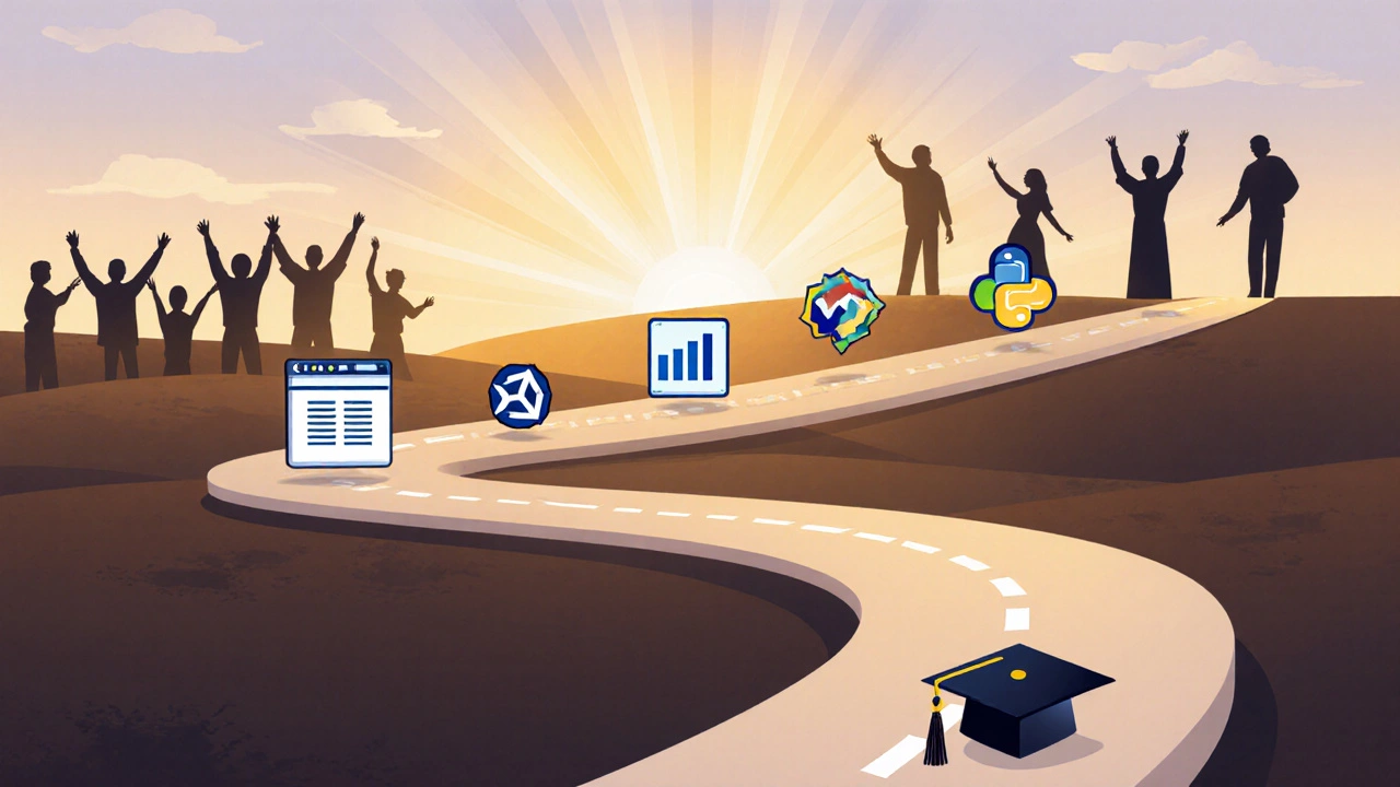 Pathway of language icons leading to a graduation cap, symbolizing a beginner&#039;s coding journey.