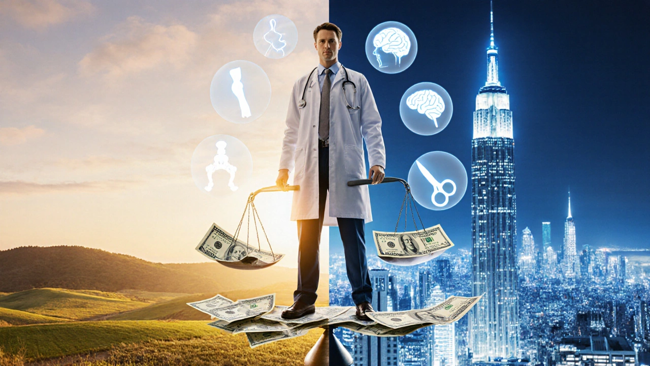 Physician with dollar‑bill scale, city skyline, and specialty icons representing high US salaries.