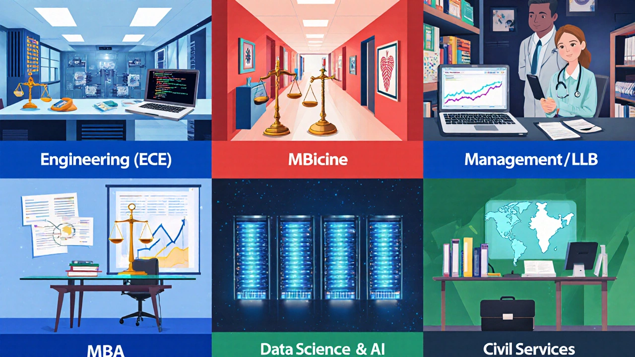 Six-panel illustration showing engineering lab, hospital, courtroom, boardroom, data center, and government office.
