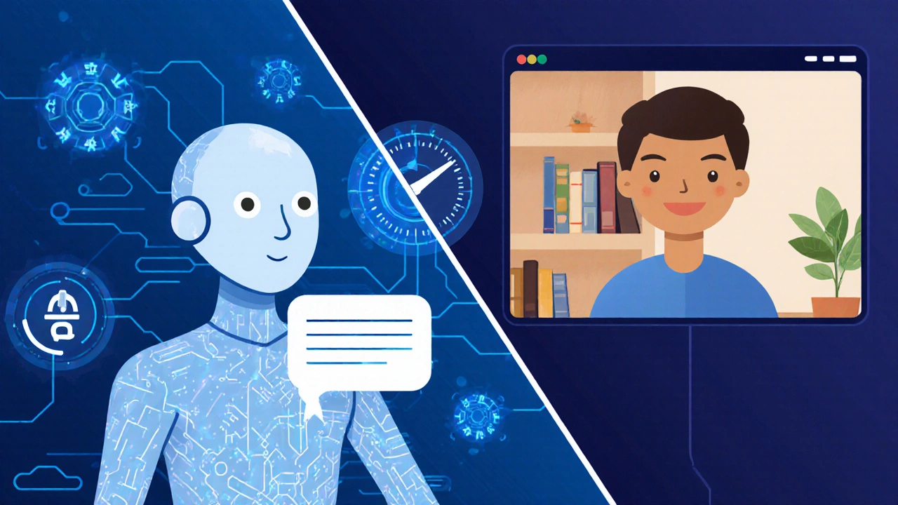 Split illustration showing AI speech analysis on the left and a live tutor video call on the right.