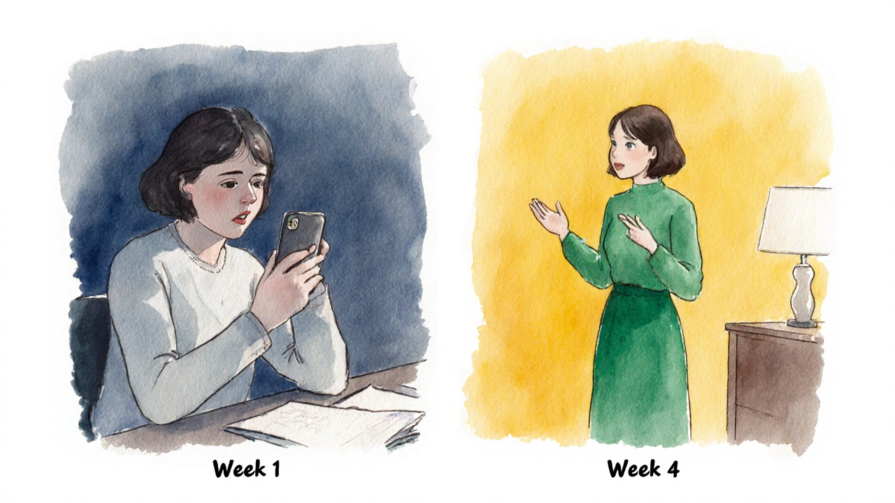 Split scene showing hesitant voice recording transforming into confident speaking.