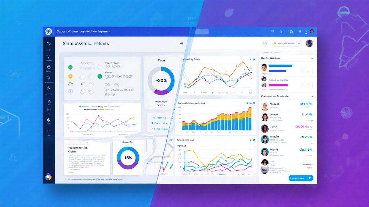 Split-screen UI showing mock test timer, analytics graphs, and community chat bubbles.