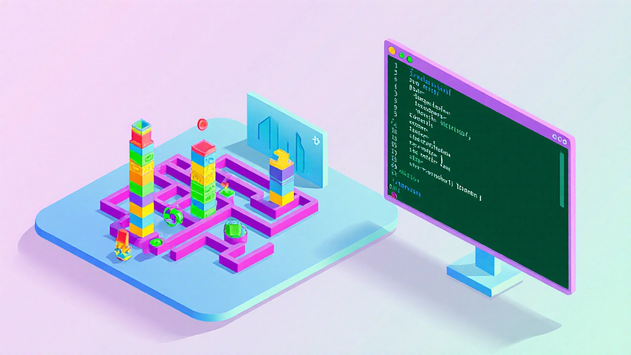 Split-screen view of Scratch block game creation beside a Python to‑do list script in a code editor.