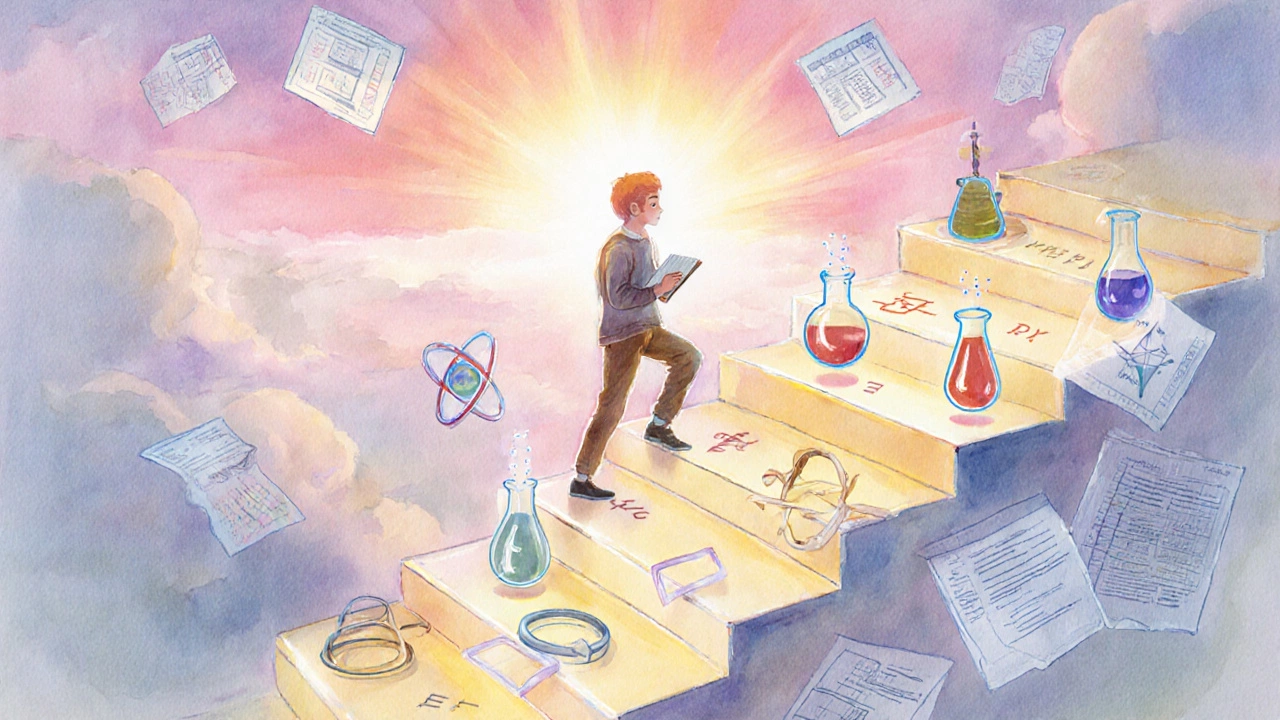 Student ascending a glowing staircase of study tools toward sunrise.