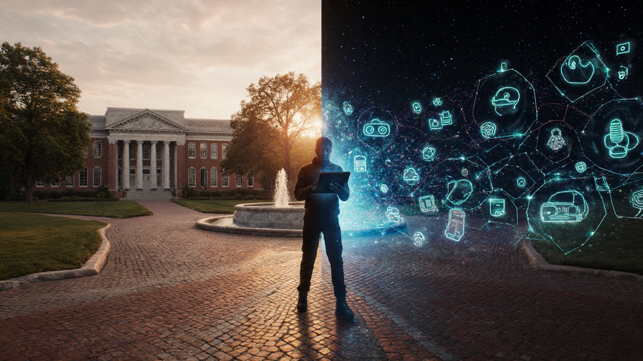 Student at a crossroads between a traditional campus and a holographic digital learning path.