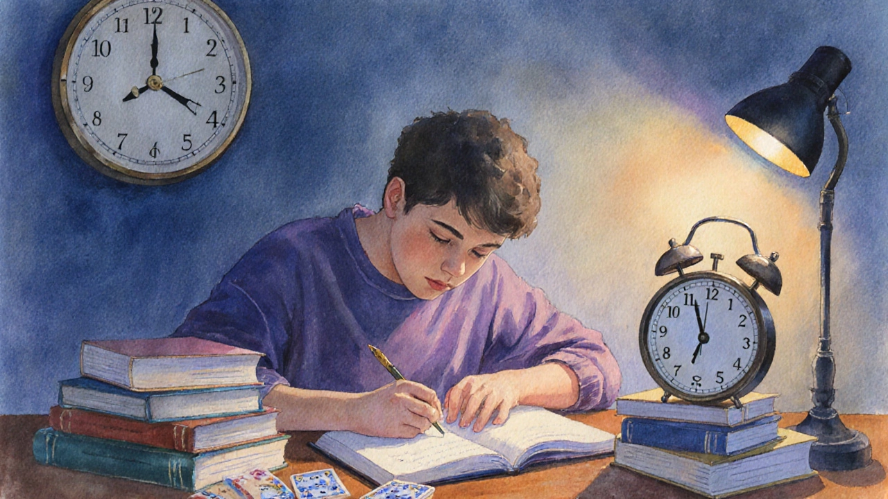 Student practicing timed mock test surrounded by flashcards, a ticking clock, and calm study lights.