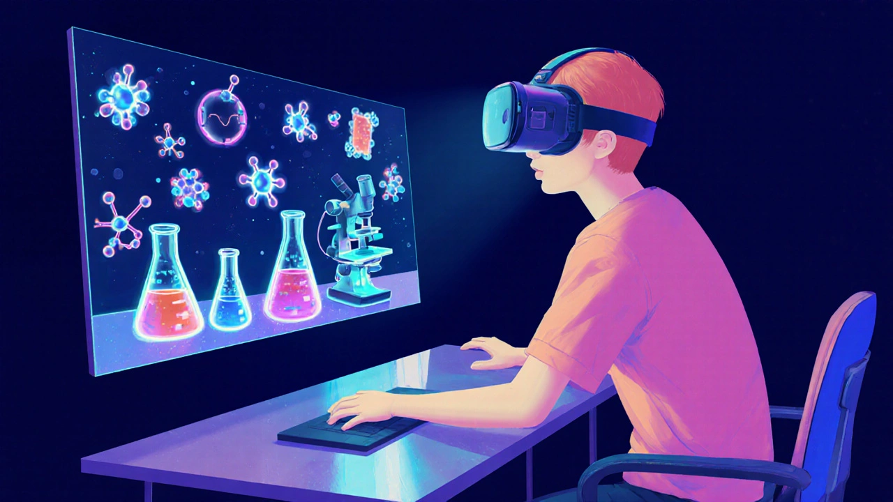 Student with VR headset interacting with a glowing virtual chemistry lab simulation.