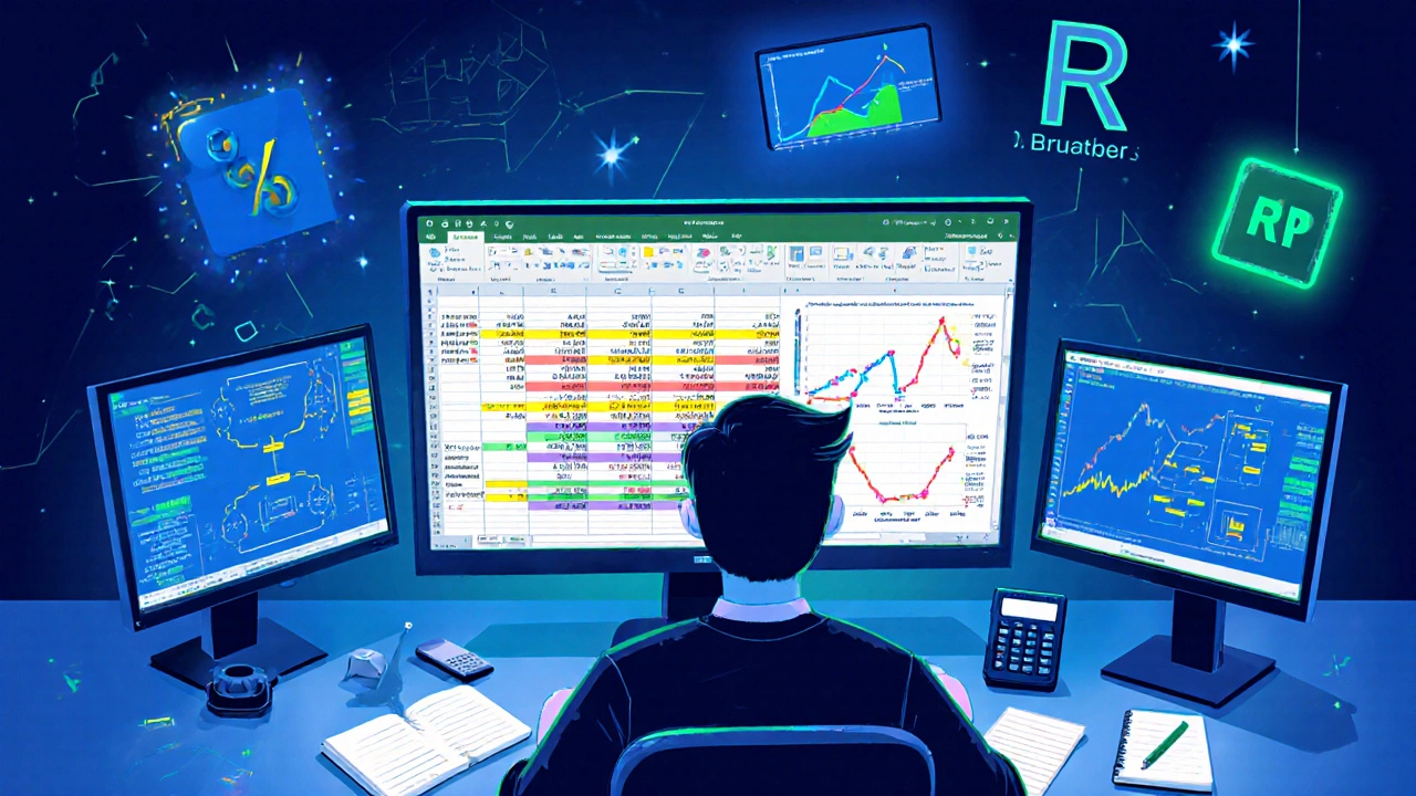 Student working on financial models and regression charts on multiple screens.