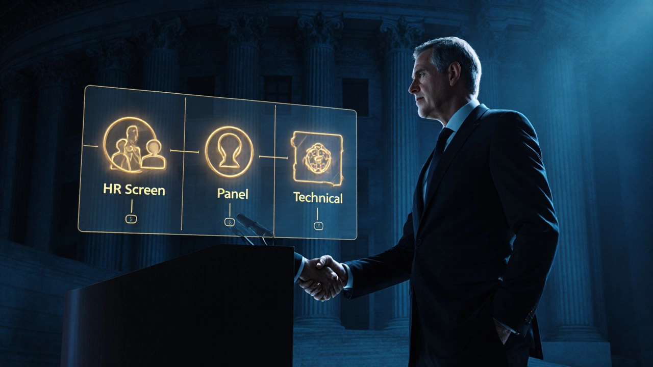 Successful applicant shaking hands with senior official in front of city hall, with interview milestone icons.