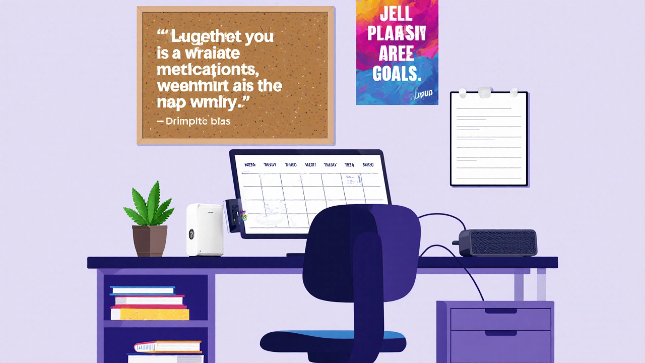Teen study area with laptop, whiteboard, plant, motivational poster.
