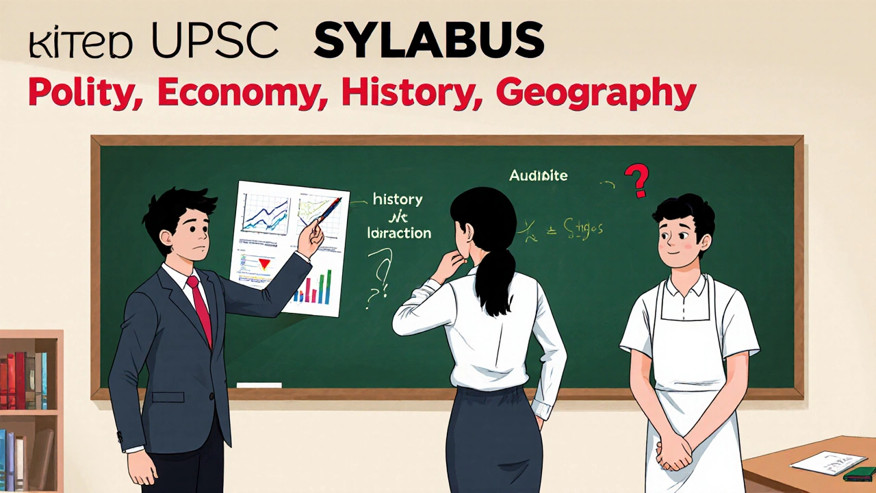 Three students at a coaching center, one struggling with polity question while others solve math and economics.