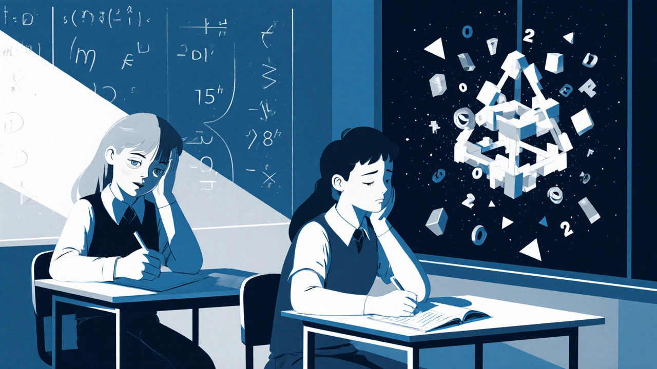 Three students reacting differently to a math problem, one seeing hidden patterns.