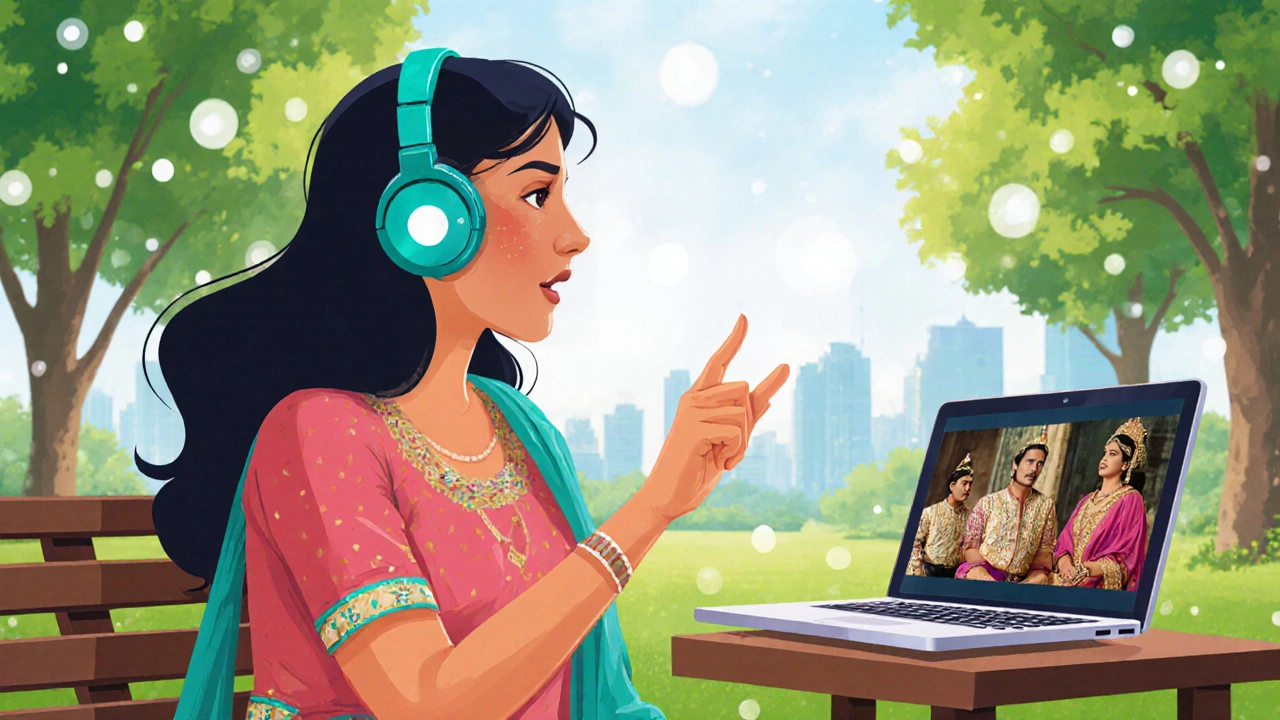 Woman practicing speaking technique with laptop during lunch break in park.