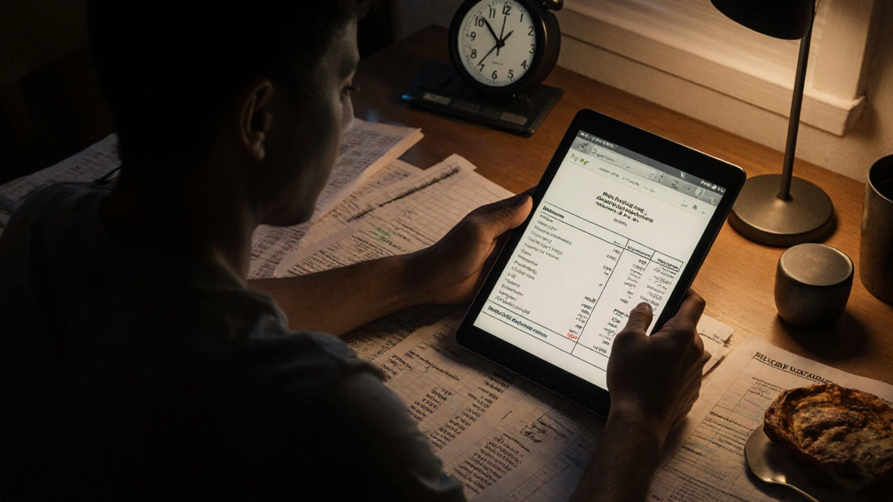 A CPA candidate working at a kitchen table at dawn surrounded by accounting materials and spreadsheets.