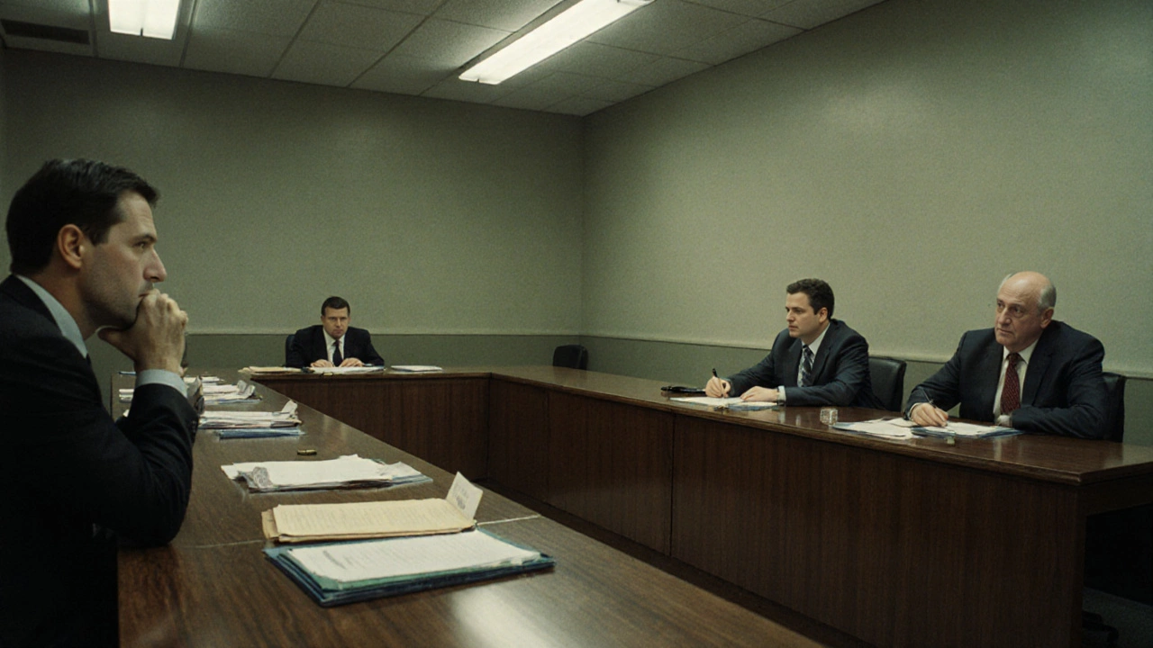 A formal disciplinary hearing with an employee, union rep, and panel reviewing evidence.