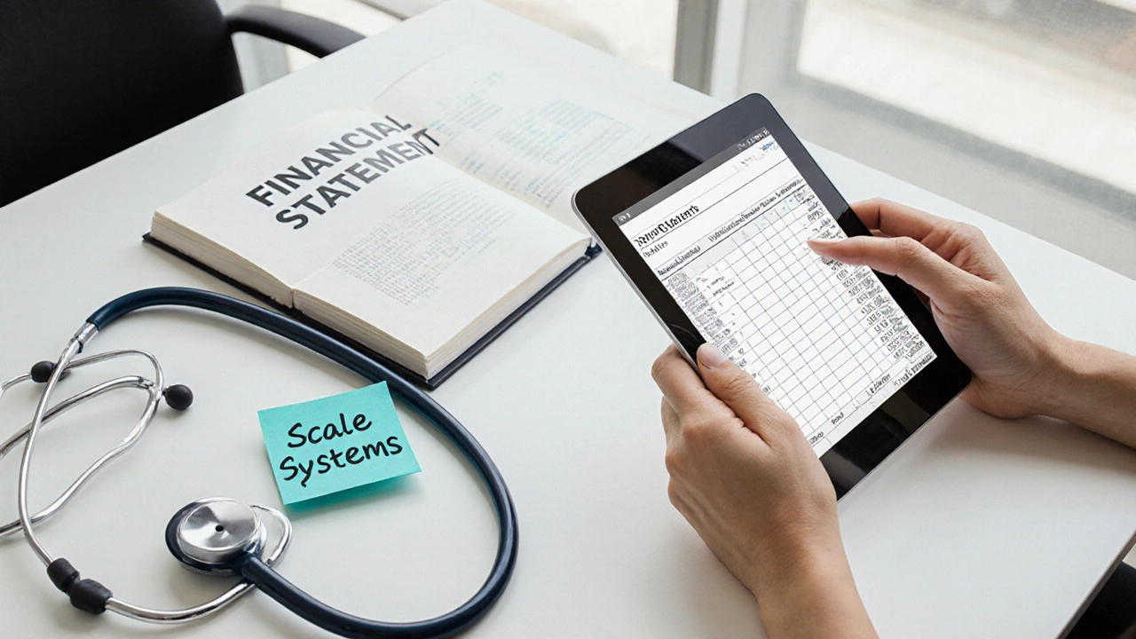 A nurse analyzing financial data, stethoscope nearby, showing transition from healthcare to business leadership.