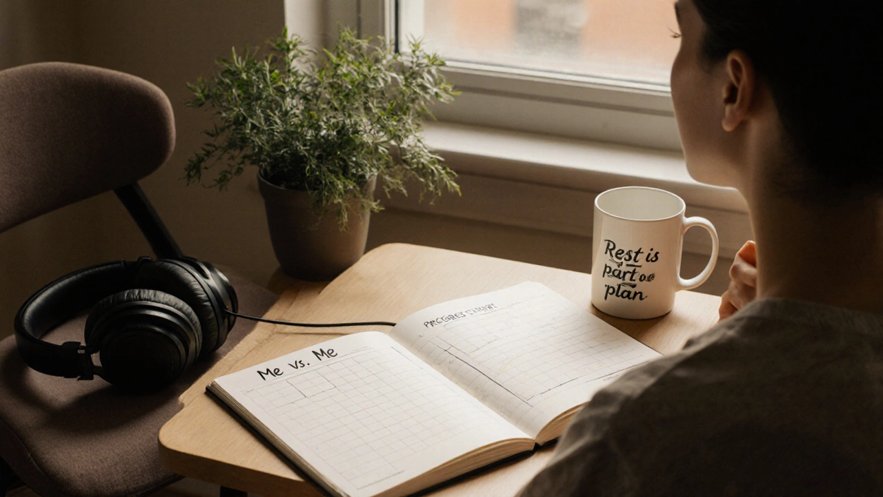 A peaceful study space with a personal progress chart, symbolizing healthy exam preparation and self-care.