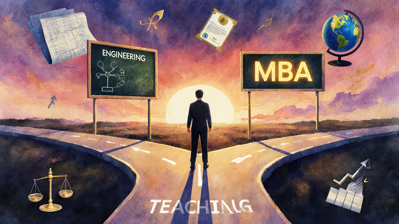 A person at a crossroads choosing an MBA path, surrounded by symbols of their past career and future goals.