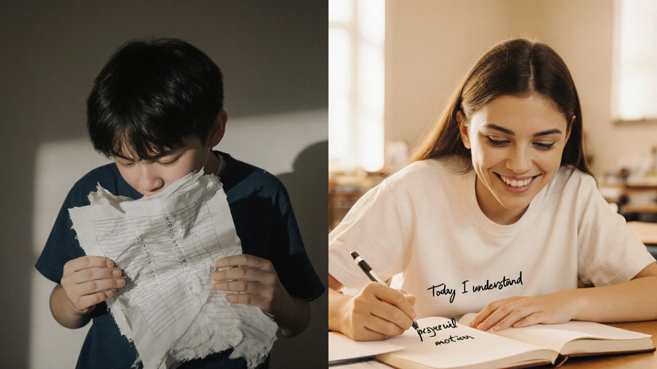 A student transitioning from distress to peace, holding a journal that records personal progress instead of rankings.