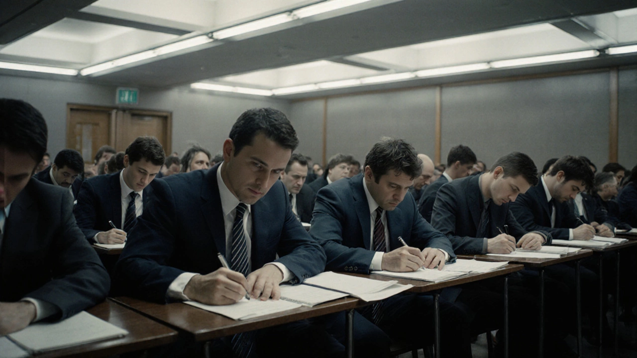 Candidates taking the California Bar Exam in a silent, tense exam hall under fluorescent lights.