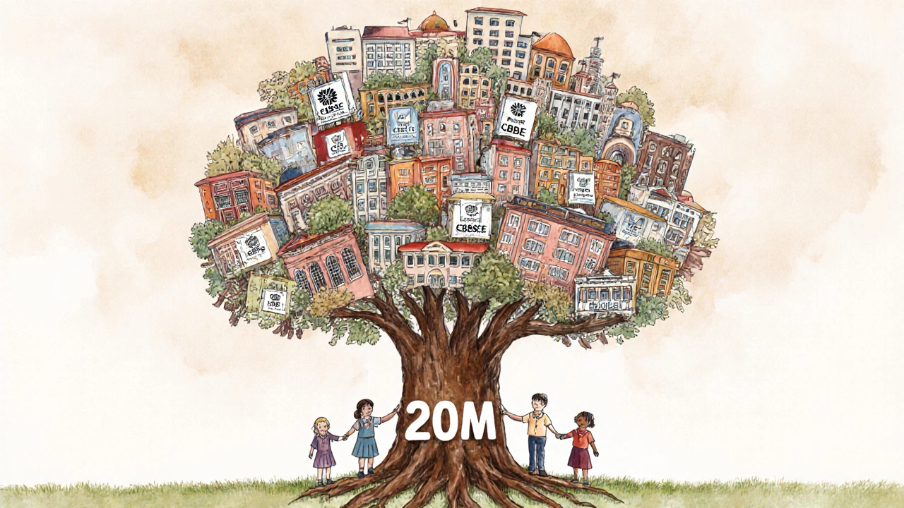 Global mosaic of CBSE schools forming a tree with 20M roots, children of diverse backgrounds holding hands around it.